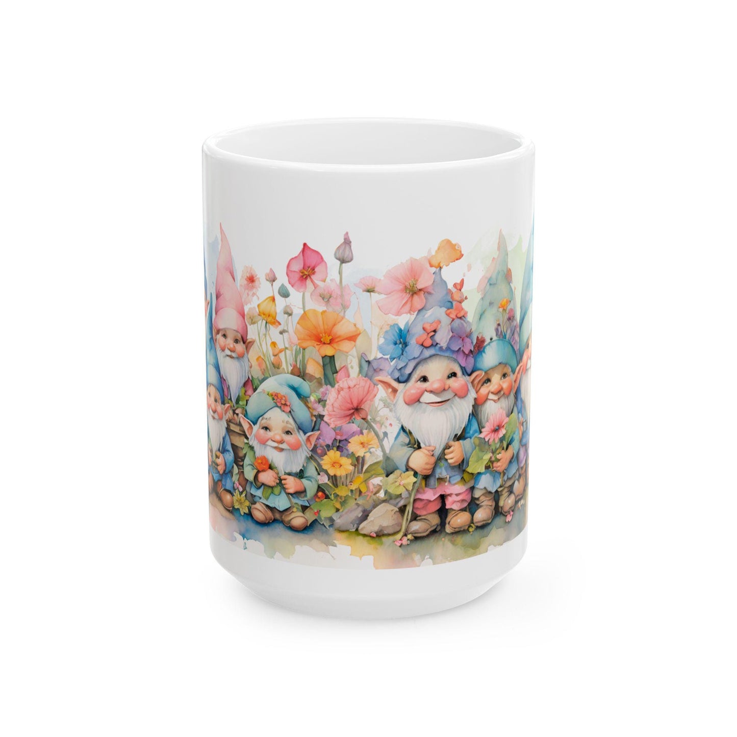ColorFlow | Garden Gnome Mug | Whimsical Floral 15oz Ceramic Coffee Cup | Cute Fantasy Gift for Garden and Art Lovers