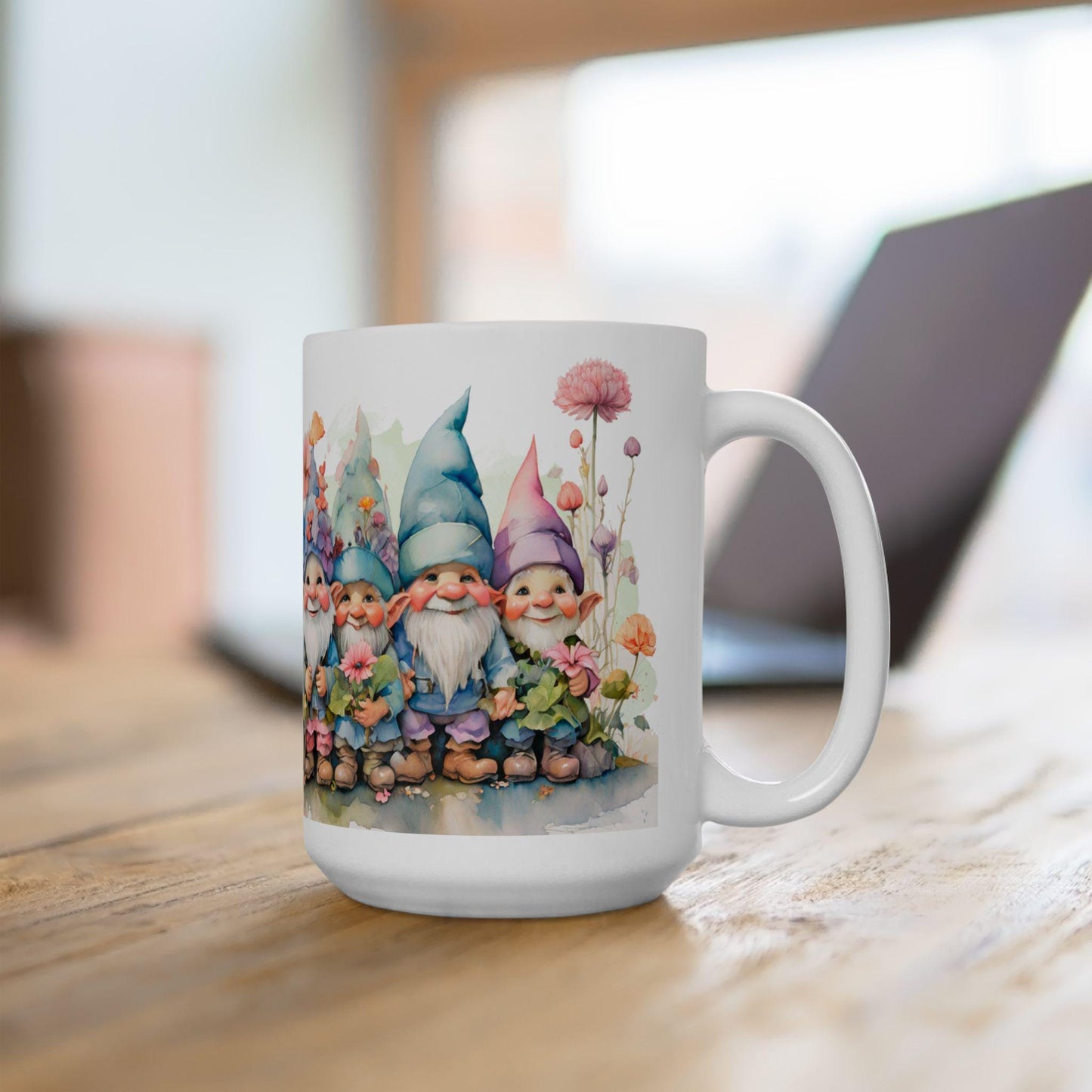 ColorFlow | Garden Gnome Mug | Whimsical Floral 15oz Ceramic Coffee Cup | Cute Fantasy Gift for Garden and Art Lovers