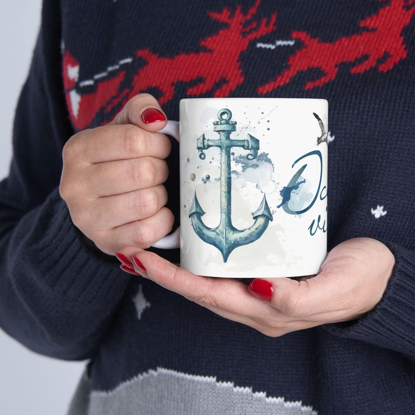 ColorFlow | Ocean Vibes Mug | Nautical Lighthouse 15oz Ceramic Coffee Cup | Beach Lover Gift with Coastal Art Design