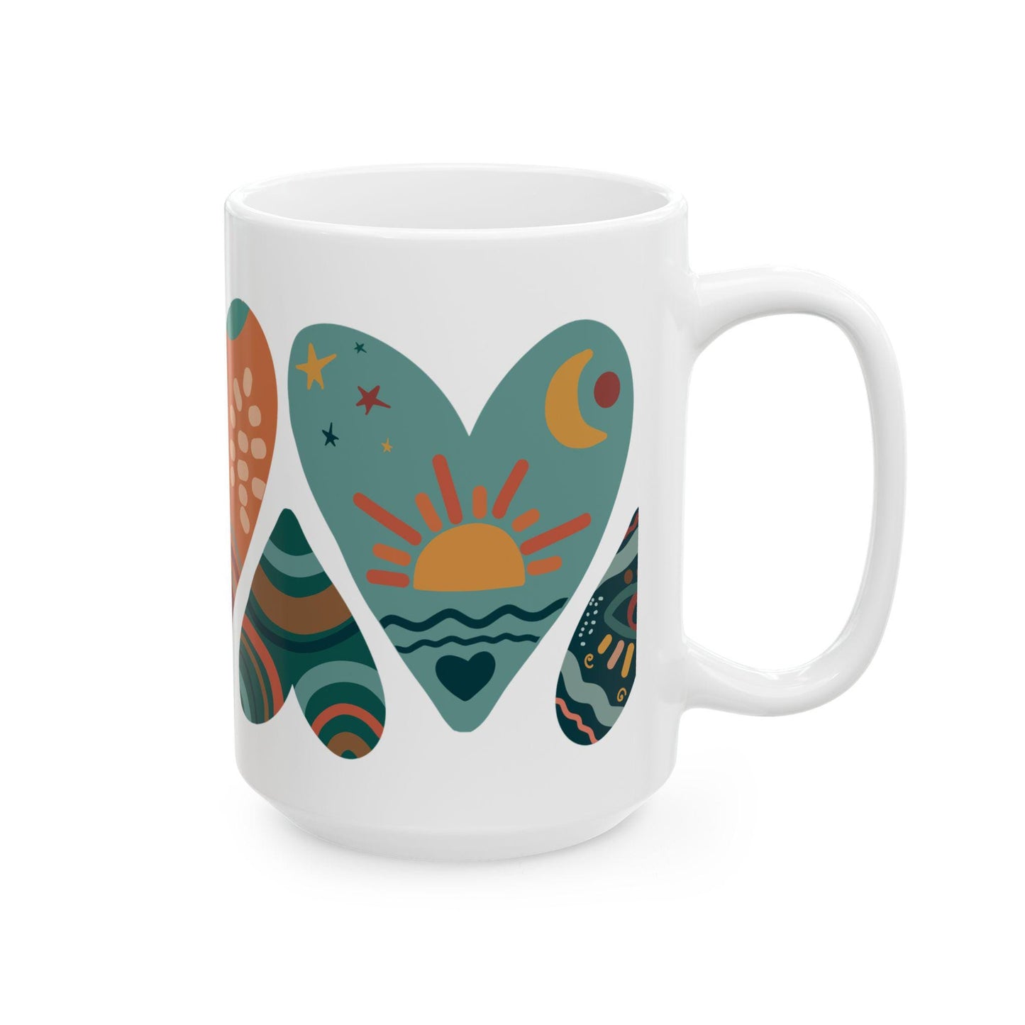 ColorFlow | Boho Hearts Mug | 15oz Ceramic Coffee Cup with Abstract Art Design | Hippie Aesthetic Gift for Her