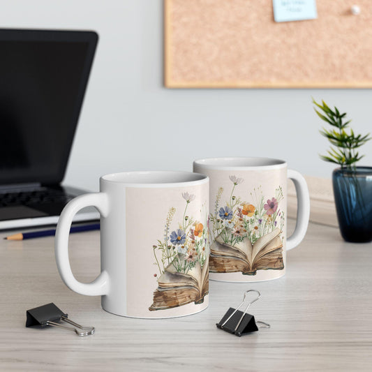 ColorFlow | Open Book Wildflower Mug | 15oz Cottagecore Coffee Cup | Vintage Floral Book Lover Gift for Readers