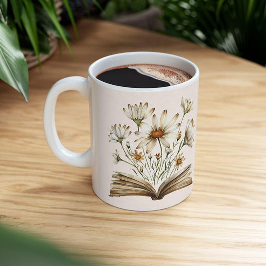 ColorFlow | Book of Daisies Mug | 15oz Cottagecore Ceramic Coffee Cup | Vintage Floral Book Lover Gift