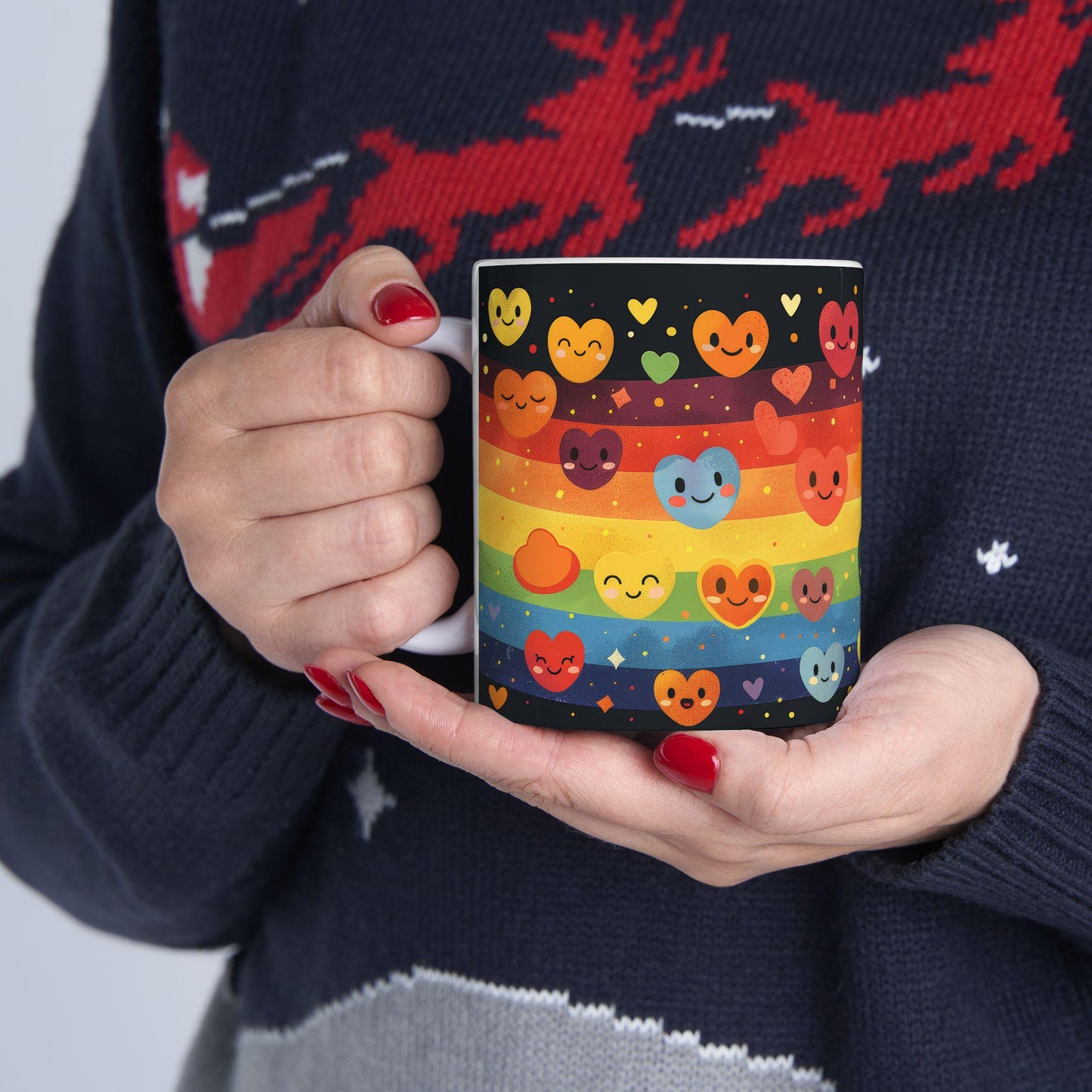ColorFlow | Rainbow Hearts Smile Mug | Joyful Pride Coffee Cup | 15 oz Ceramic Mug | Cute Colorful Gift for All