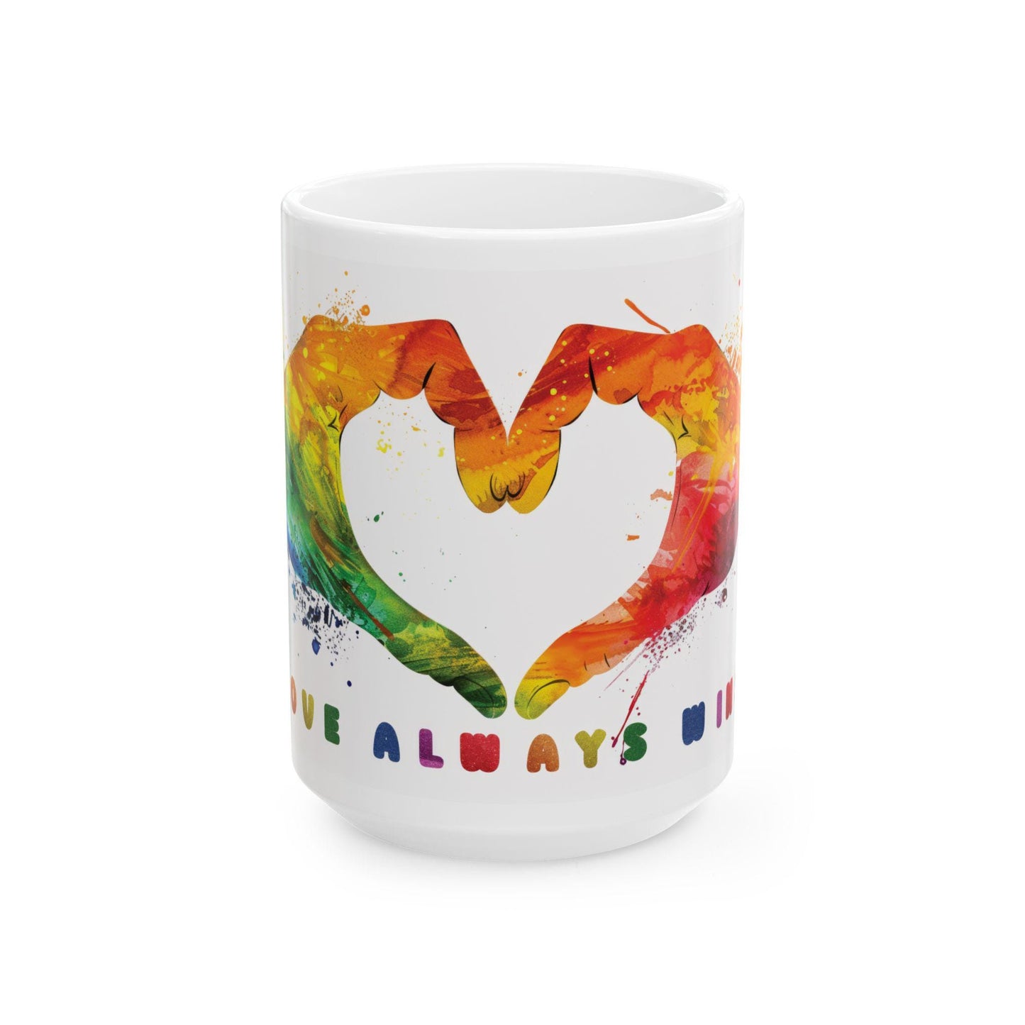 ColorFlow | Love Always Wins Mug | Rainbow Hands Art Coffee Cup | 15 oz Ceramic Mug | Inspiring Gift for Love and Unity