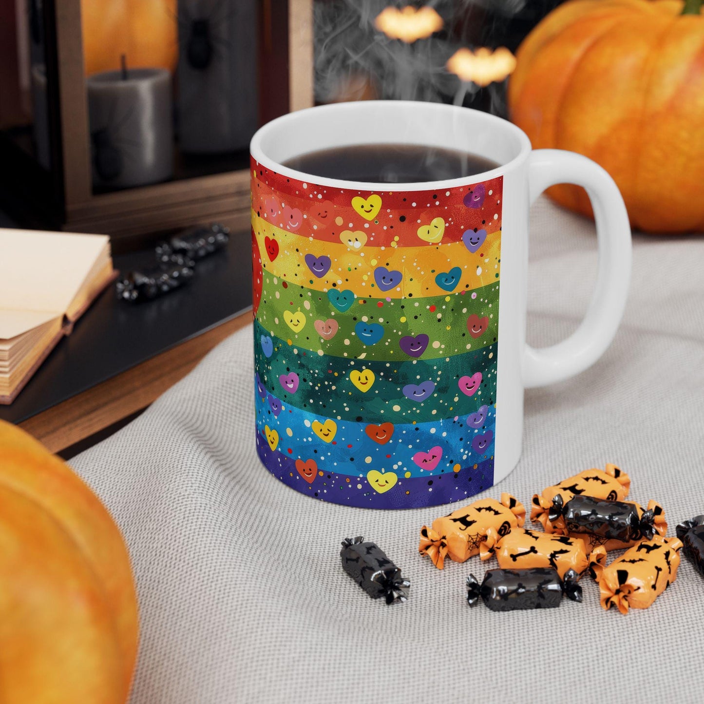 ColorFlow | Heart of Happiness Mug | Rainbow Smiles Coffee Cup | 15 oz Ceramic Mug | Joyful Art Gift for All