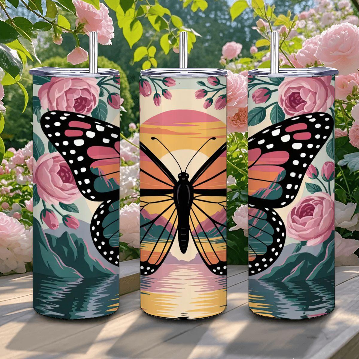ColorFlow | Sunset Monarch 20oz Stainless Steel Tumbler with Straw | Floral Butterfly Insulated Travel Mug | Art Reusable Cup