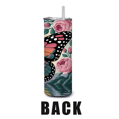 ColorFlow | Sunset Monarch 20oz Stainless Steel Tumbler with Straw | Floral Butterfly Insulated Travel Mug | Art Reusable Cup