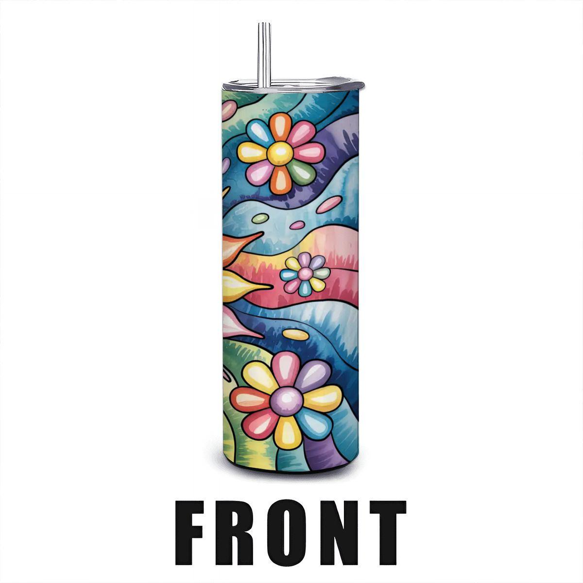 ColorFlow | Sunshine Bloom 20oz Stainless Steel Tumbler with Straw | Happy Sun Rainbow Art Travel Mug | Floral Reusable Cup