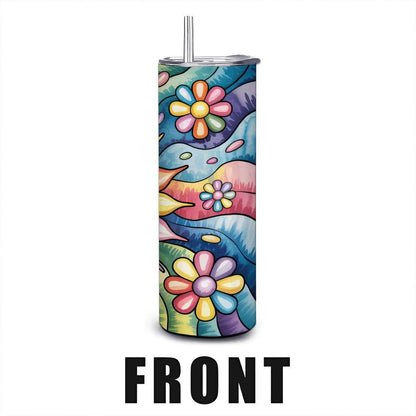 ColorFlow | Sunshine Bloom 20oz Stainless Steel Tumbler with Straw | Happy Sun Rainbow Art Travel Mug | Floral Reusable Cup