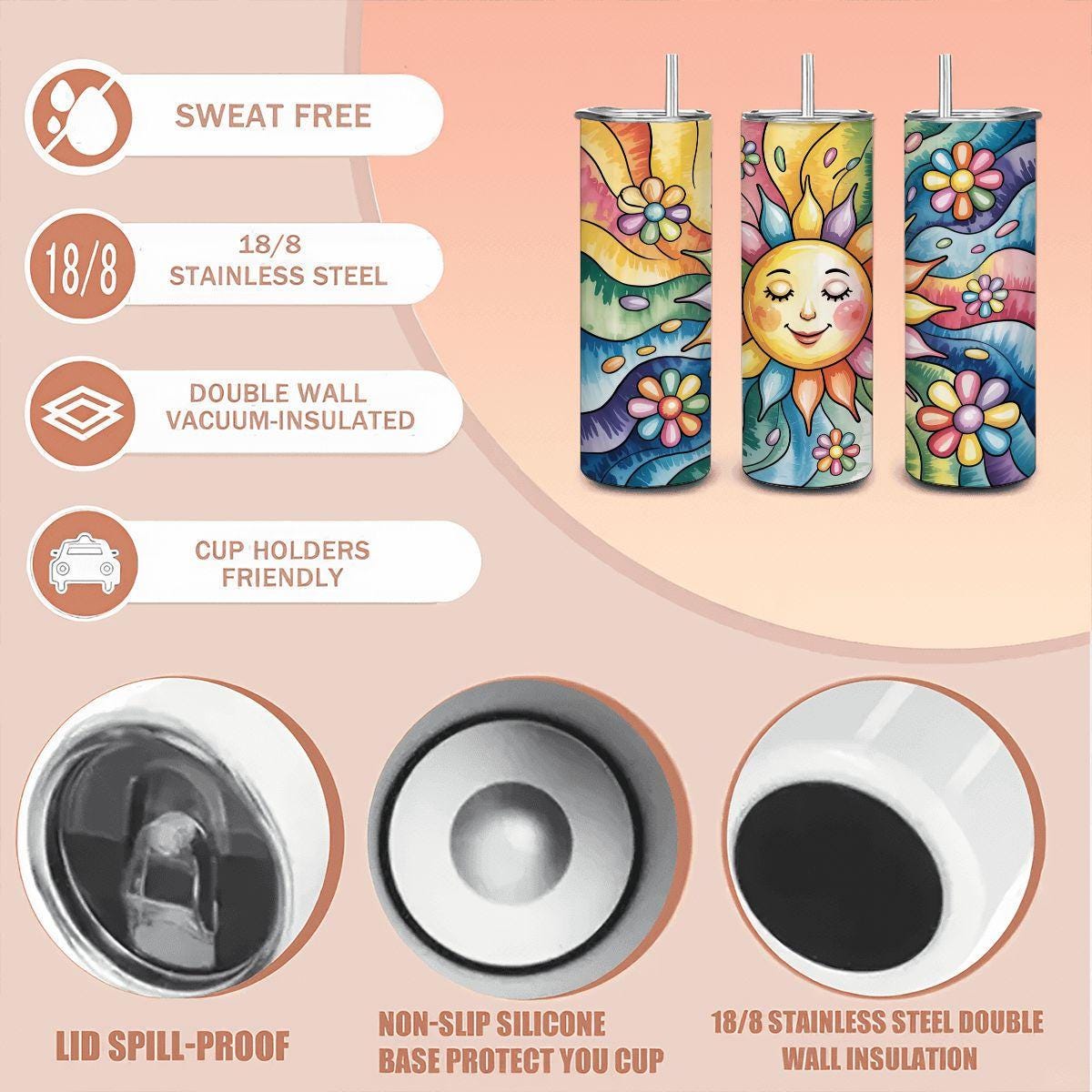 ColorFlow | Sunshine Bloom 20oz Stainless Steel Tumbler with Straw | Happy Sun Rainbow Art Travel Mug | Floral Reusable Cup