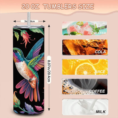 ColorFlow | Hummingbird Blossom 20oz Stainless Steel Tumbler with Straw | Colorful Floral Art Travel Mug | Reusable Cup