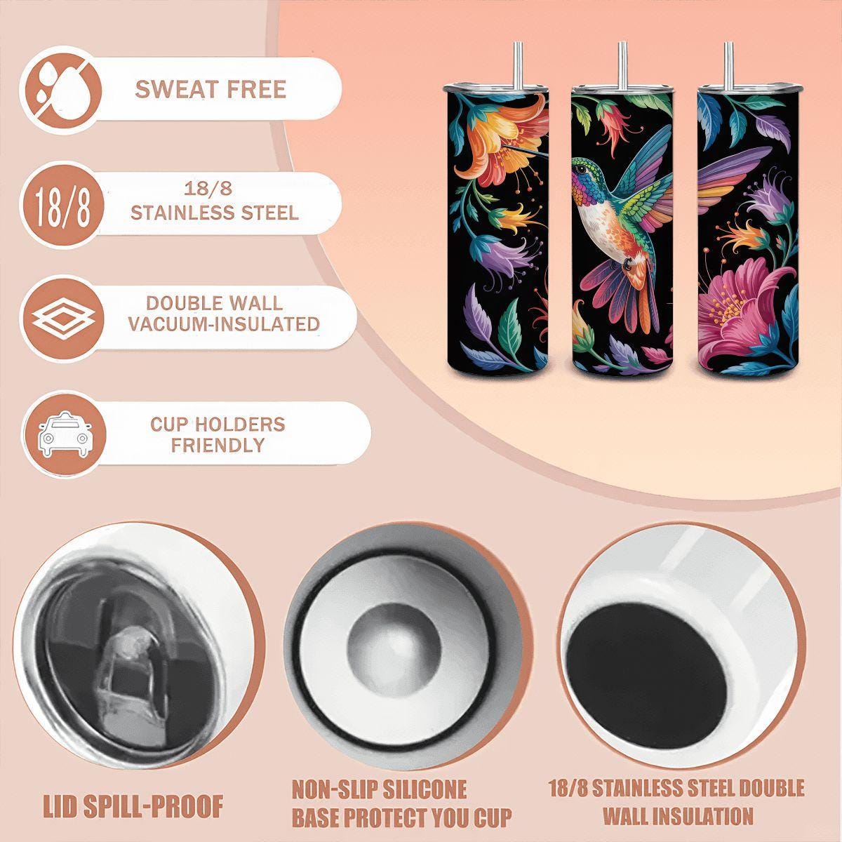 ColorFlow | Hummingbird Blossom 20oz Stainless Steel Tumbler with Straw | Colorful Floral Art Travel Mug | Reusable Cup