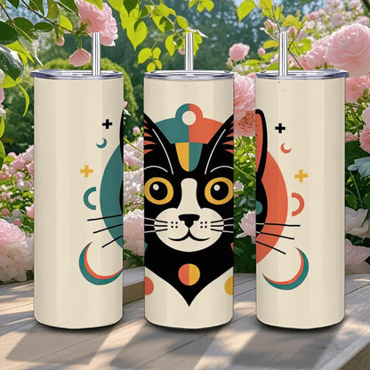 ColorFlow | Geometric Cat 20oz Stainless Steel Tumbler with Straw | Modern Cat Art Mug | Cute Animal Lover Reusable Cup