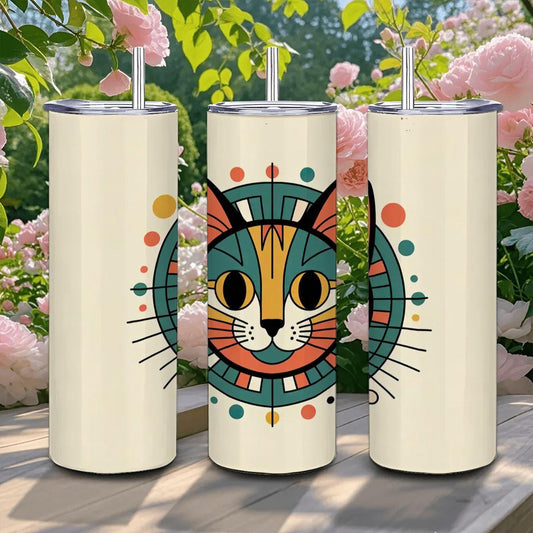 ColorFlow | Modern Orange Cat 20oz Stainless Steel Tumbler with Straw | Abstract Cat Art Mug | Cute Animal Reusable Cup