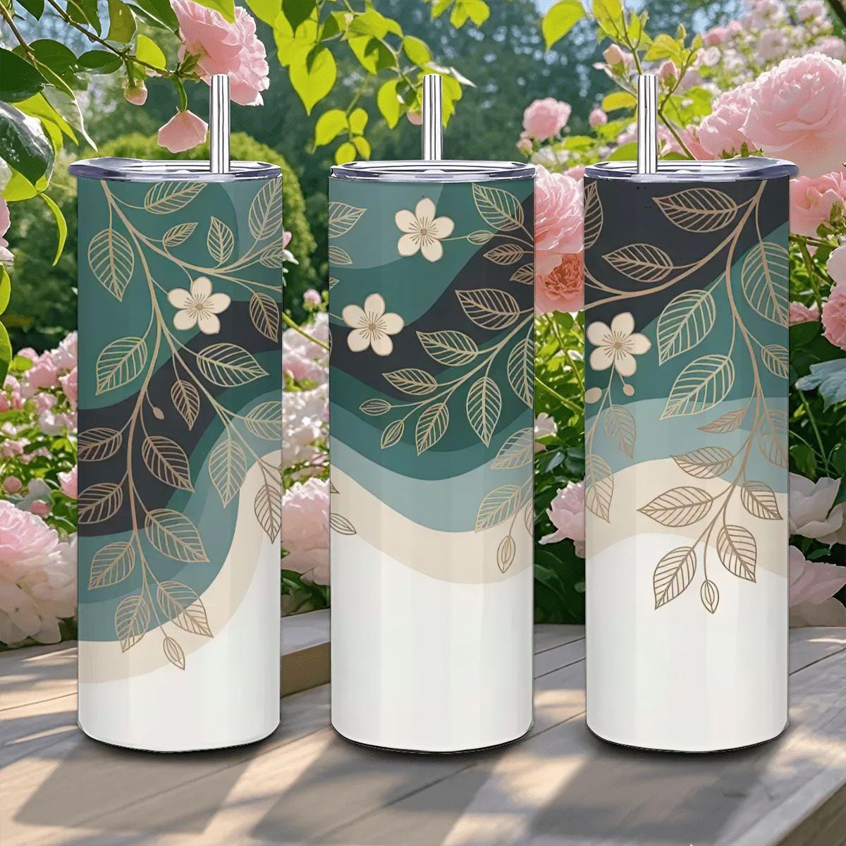 ColorFlow | Teal Botanical Elegance 20oz Stainless Steel Tumbler with Straw | Floral Art Travel Mug | Modern Reusable Cup