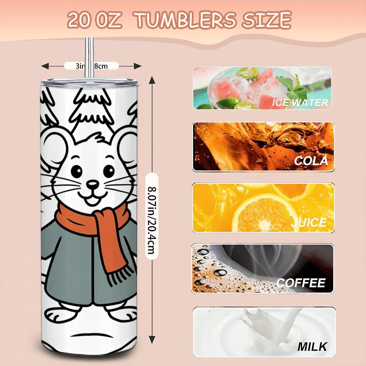 ColorFlow | Winter Mouse 20oz Stainless Steel Tumbler with Straw | Cute Holiday Animal Art Mug | Christmas Reusable Cup