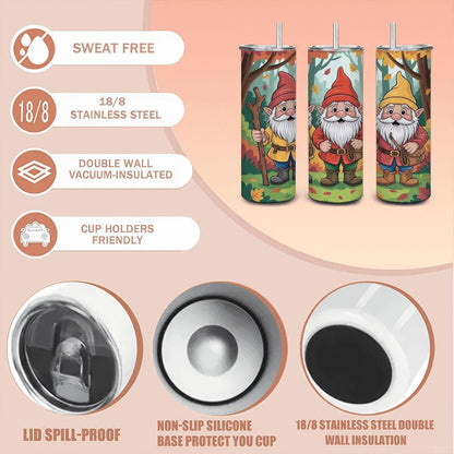 ColorFlow | Autumn Gnomes 20oz Stainless Steel Tumbler with Straw | Fall Forest Art Mug | Whimsical Reusable Cup