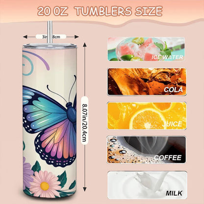 ColorFlow | Dreamscape Butterfly Garden Tumbler | 20oz Stainless Steel Insulated Mug with Straw | Floral Art Travel Cup