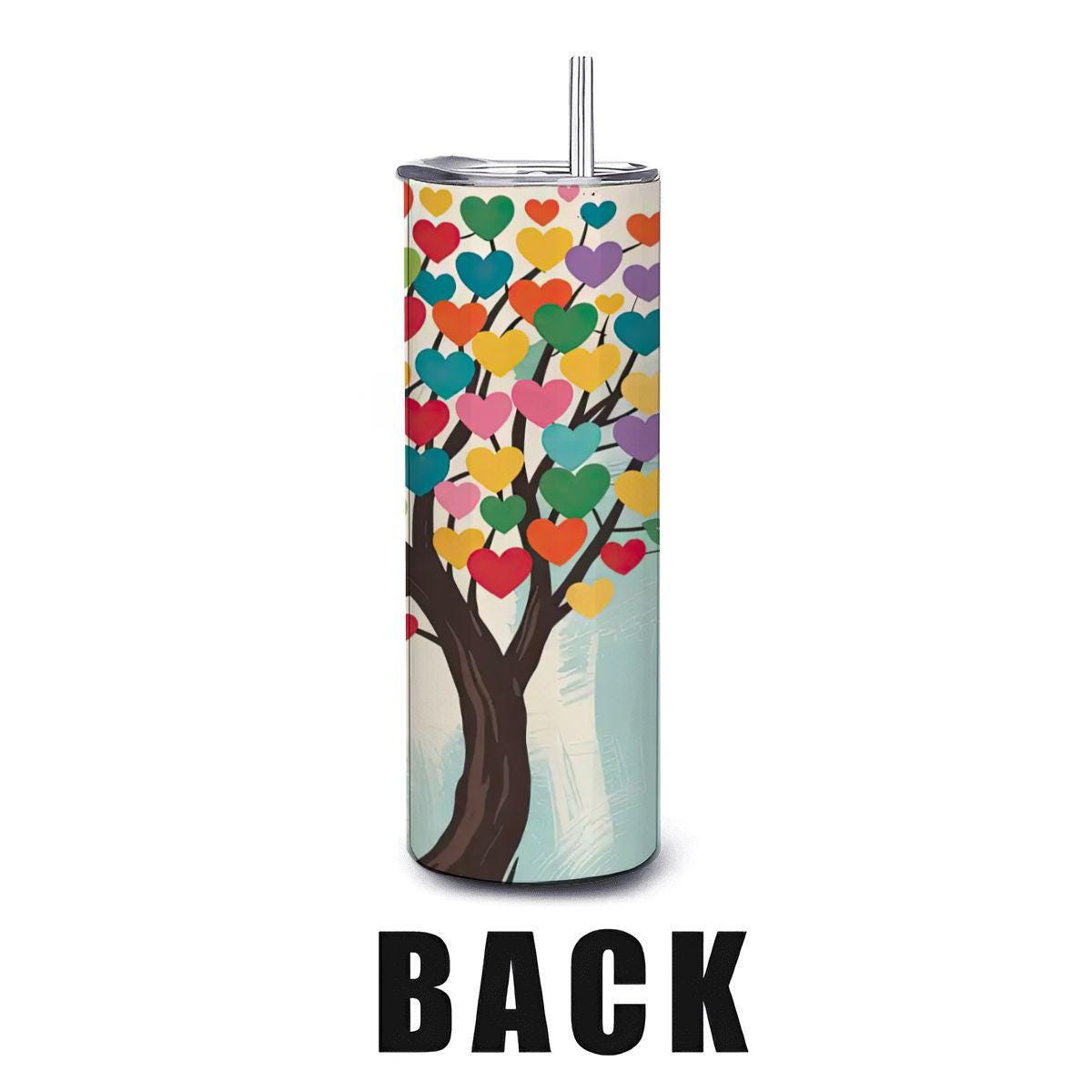 ColorFlow | Heartful Harmony Tree Tumbler | 20oz Stainless Steel Insulated Mug with Straw | Colorful Love Art Travel Cup