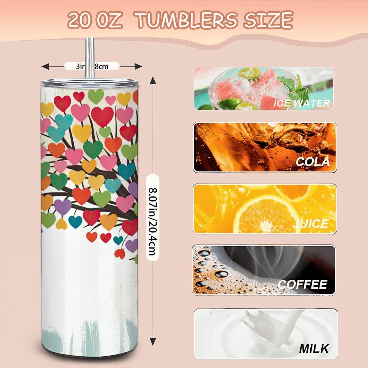ColorFlow | Heartful Harmony Tree Tumbler | 20oz Stainless Steel Insulated Mug with Straw | Colorful Love Art Travel Cup