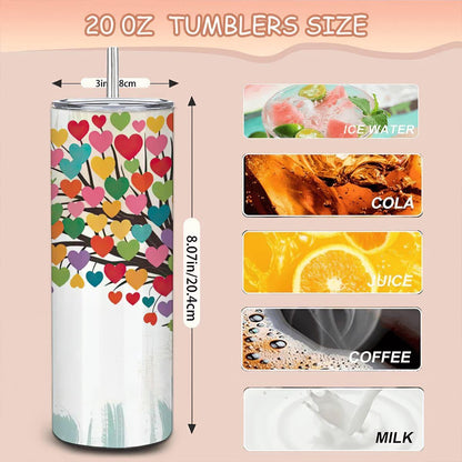 ColorFlow | Heartful Harmony Tree Tumbler | 20oz Stainless Steel Insulated Mug with Straw | Colorful Love Art Travel Cup