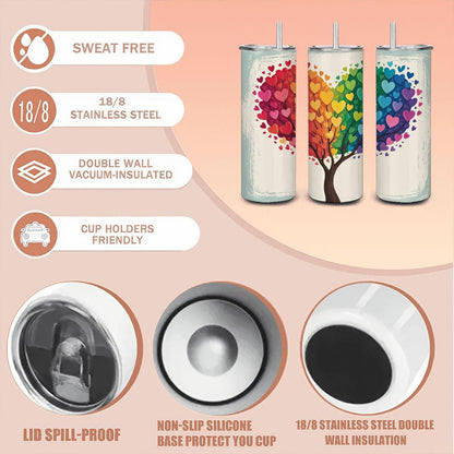 ColorFlow | Rainbow Love Heart Tree Tumbler | 20oz Stainless Steel Insulated Mug with Straw | Pride Art Gift Travel Cup