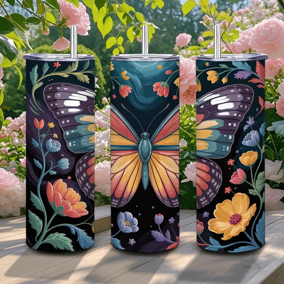 ColorFlow | Moonlit Midnight Butterfly Tumbler | 20oz Stainless Steel Floral Travel Mug with Straw | Night Garden Art Cup