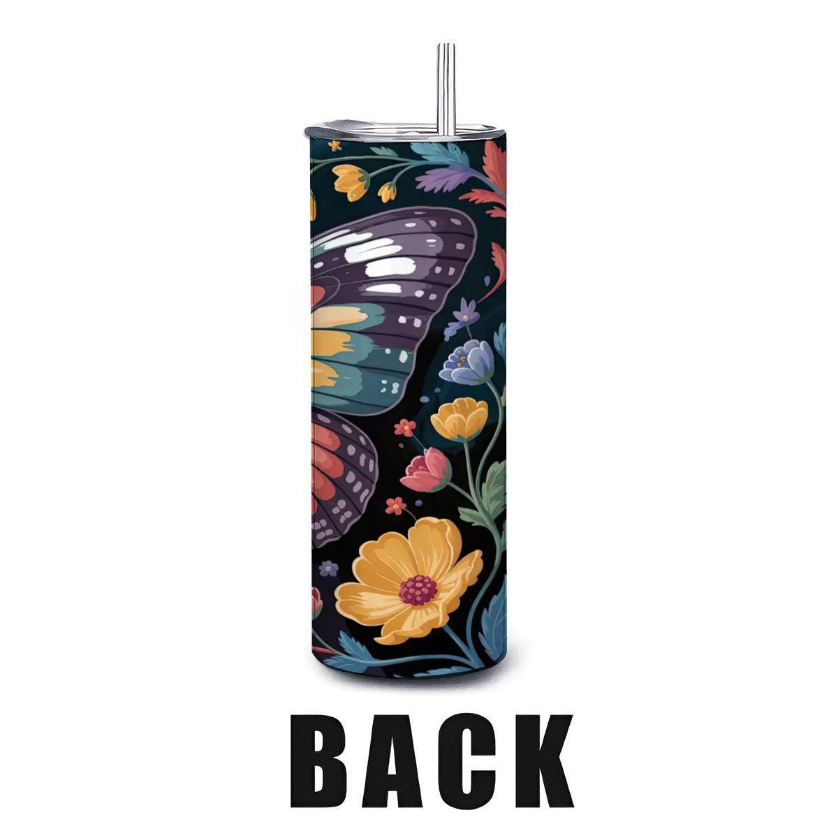 ColorFlow | Moonlit Midnight Butterfly Tumbler | 20oz Stainless Steel Floral Travel Mug with Straw | Night Garden Art Cup