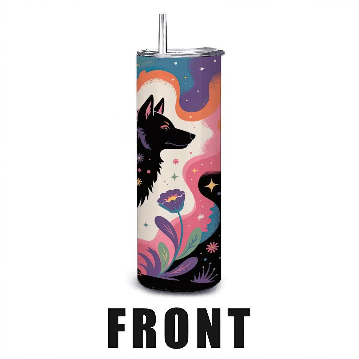 ColorFlow | Wildflower Spirit Wolf Tumbler | 20oz Stainless Steel Insulated Mug with Straw | Boho Animal Art Travel Cup