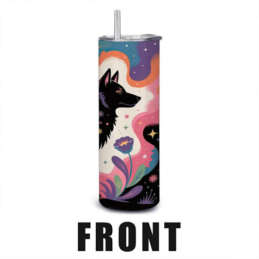 ColorFlow | Wildflower Spirit Wolf Tumbler | 20oz Stainless Steel Insulated Mug with Straw | Boho Animal Art Travel Cup