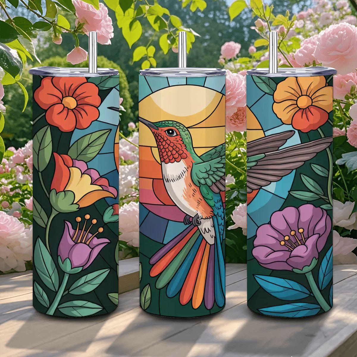 ColorFlow | Stained Glass Hummingbird Tumbler | 20oz Stainless Steel Floral Mug with Straw | Vibrant Bird Art Travel Cup
