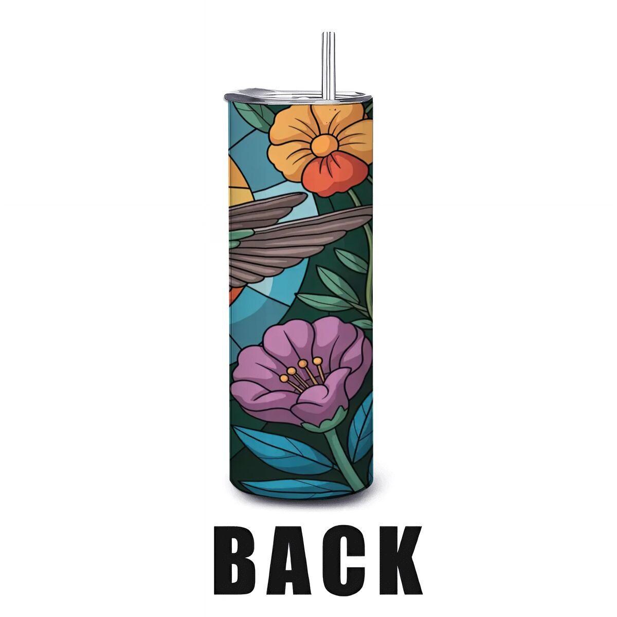 ColorFlow | Stained Glass Hummingbird Tumbler | 20oz Stainless Steel Floral Mug with Straw | Vibrant Bird Art Travel Cup