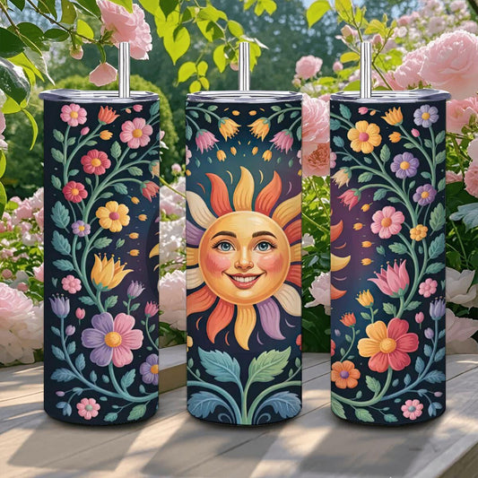 ColorFlow | Radiant Sun Garden Tumbler | 20oz Stainless Steel Floral Mug with Straw | Cheerful Boho Art Travel Cup Gift