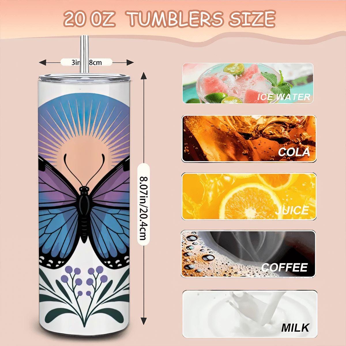 ColorFlow | Sunrise Monarch Butterfly Tumbler | 20oz Stainless Steel Floral Mug with Straw | Elegant Nature Art Travel Cup