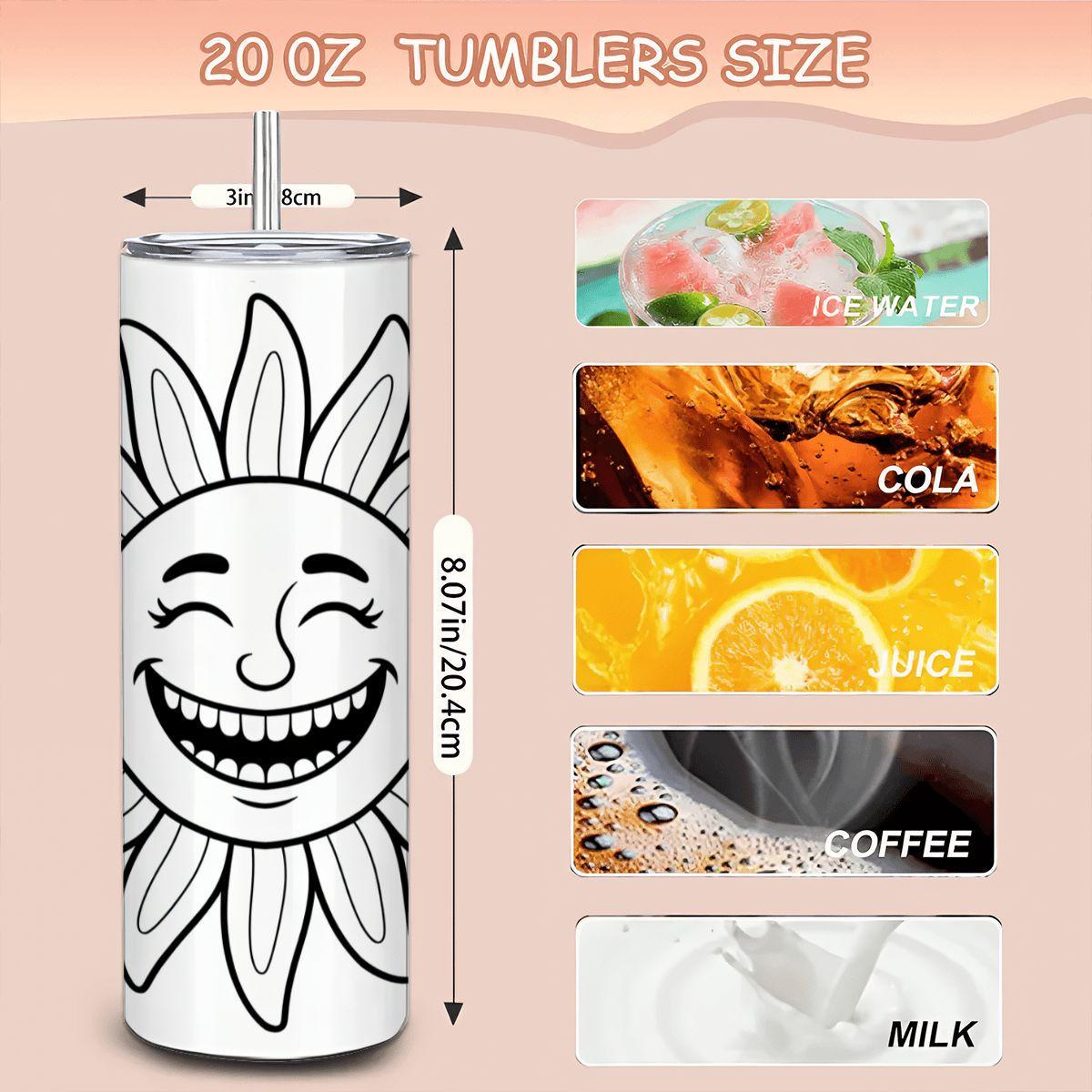 ColorFlow | Smiling Sun Art 20oz Stainless Steel Tumbler with Straw | Positive Vibes Mug | Insulated Hot Cold Cup Gift