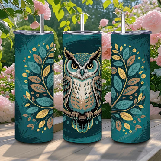 ColorFlow | Vintage Botanical Owl 20oz Stainless Steel Tumbler with Straw | Nature Art Mug | Insulated Travel Cup Gift