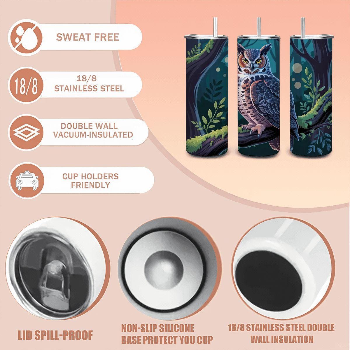 ColorFlow | Moonlit Forest Owl 20oz Stainless Steel Tumbler with Straw | Wildlife Art Mug | Insulated Nature Gift Cup