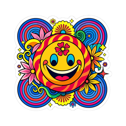 ColorFlow | Flower Power Emoji Sticker | Retro Happy Face Vinyl Decal for Laptops Water Bottles Car Window Groovy Art Decor