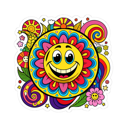 ColorFlow | Groovy Sunflower Emoji Sticker | Smiley Face Vinyl Decal for Laptops Water Bottles Car Window Retro Art Decor