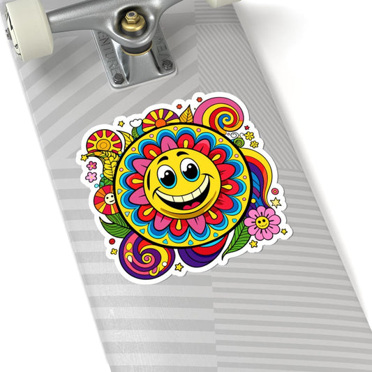 ColorFlow | Groovy Sunflower Emoji Sticker | Smiley Face Vinyl Decal for Laptops Water Bottles Car Window Retro Art Decor