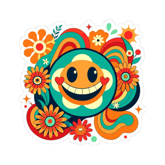 ColorFlow | Retro Teal Heart Emoji Sticker | Groovy Flower Power Smiley Face Vinyl Decal for Laptops Water Bottles Car Decor