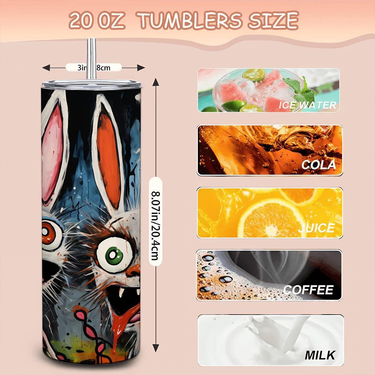 ColorFlow | Mad Bunny Party Tumbler | Funny Rabbit Art Cup | 20oz Stainless Steel Travel Mug with Straw | Gift for Friends