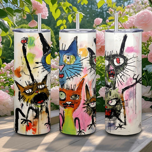 ColorFlow | Cat Chaos Tumbler | Wild Abstract Cat Art Cup | 20oz Stainless Steel Travel Mug with Straw | Gift for Cat Lovers