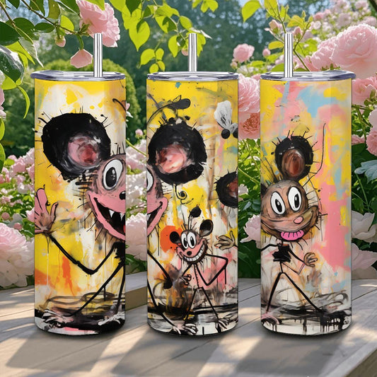 ColorFlow | Playful Doodle Mouse Trio Tumbler | 20oz Stainless Steel Travel Cup | Funny Cartoon Art Mug | Cute Gift for Coffee Lovers
