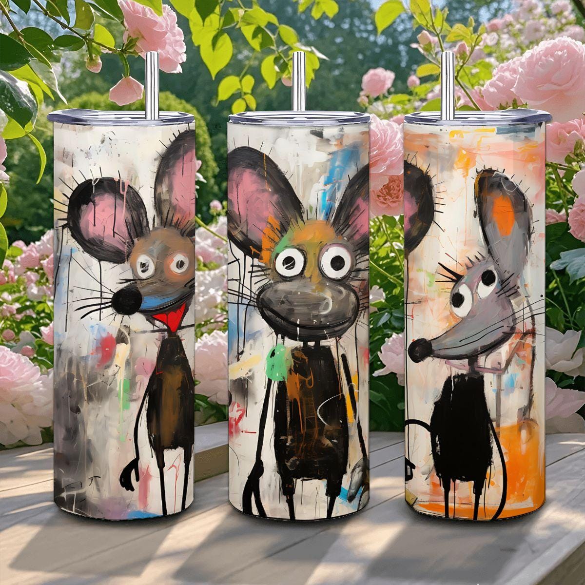 ColorFlow | Doodle Mouse Friends Art Tumbler | 20oz Stainless Steel Travel Cup | Funny Cartoon Animal Mug | Artistic Gift Idea
