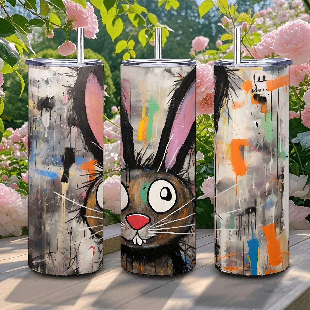 ColorFlow | Playful Doodle Rabbit Art Tumbler | 20oz Stainless Steel Travel Cup | Funny Bunny Coffee Mug | Creative Art Gift