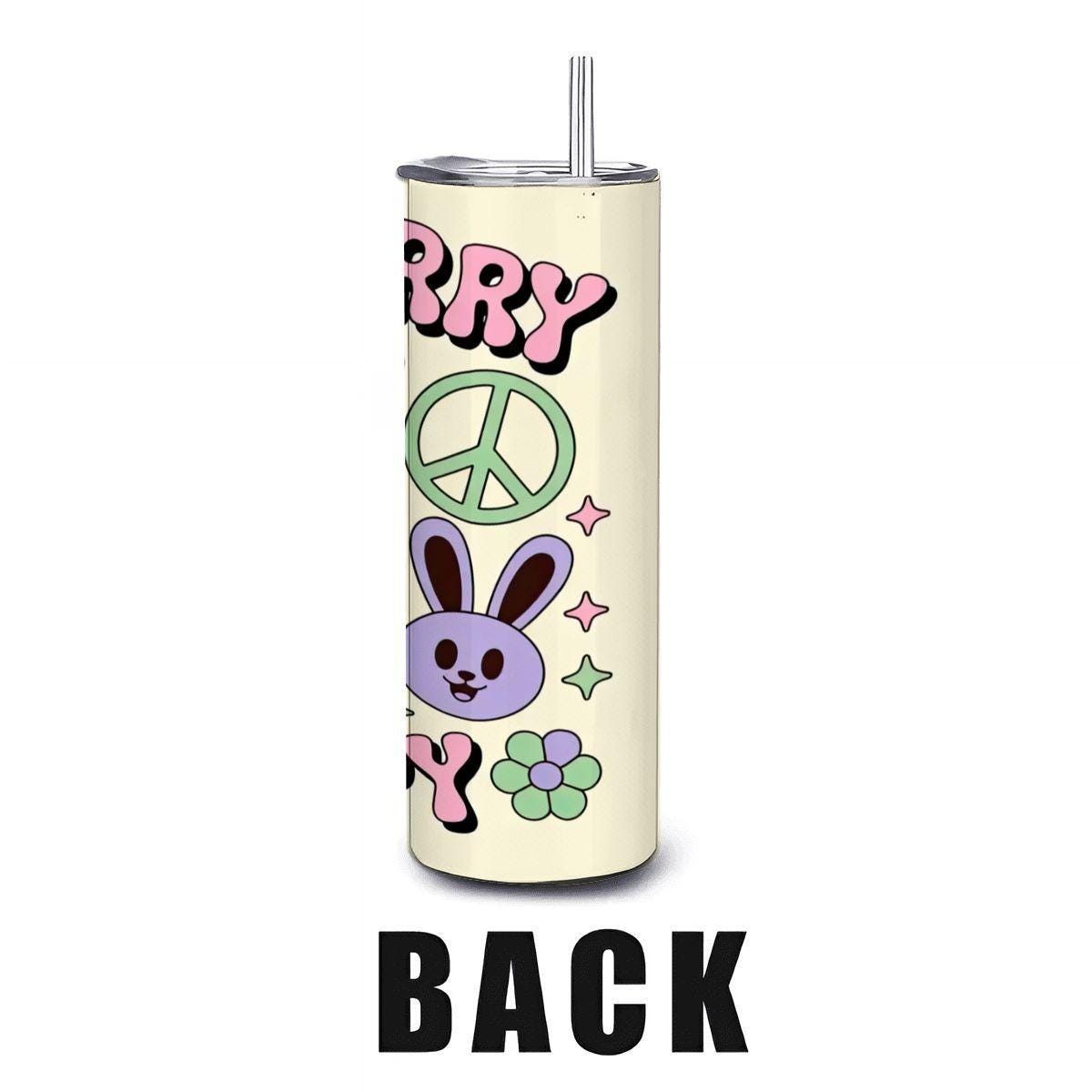 ColorFlow | Dont Worry Be Hoppy Tumbler | Cute Bunny 20oz Stainless Steel Cup with Straw | Easter Gift | Retro Peace Art