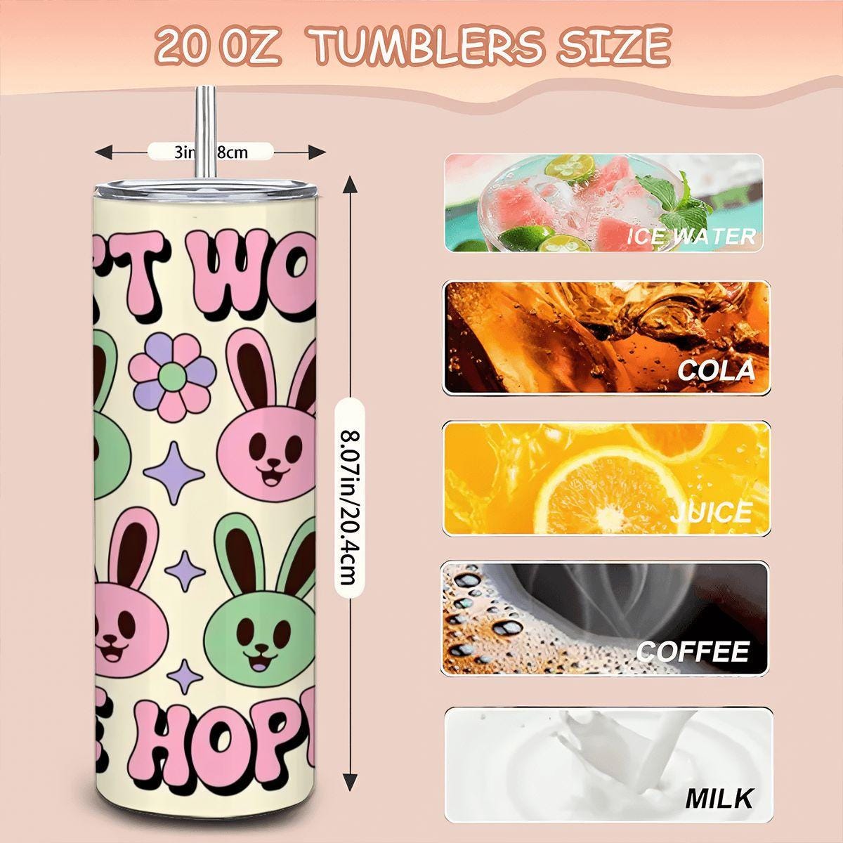 ColorFlow | Dont Worry Be Hoppy Tumbler | Cute Bunny 20oz Stainless Steel Cup with Straw | Easter Gift | Retro Peace Art