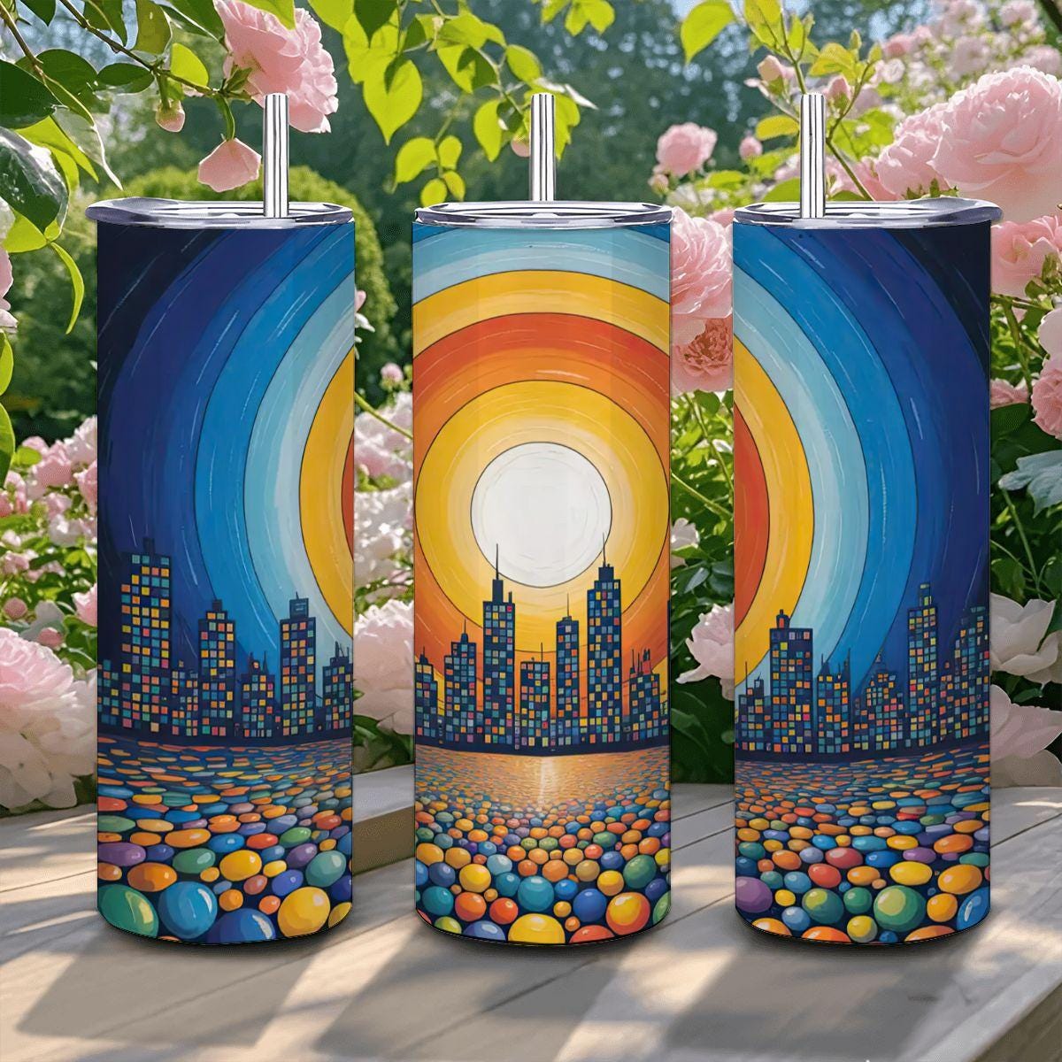 ColorFlow | Radiant City Sunset Tumbler | 20oz Stainless Steel Cup with Straw | Colorful Skyline Art | Modern Travel Mug