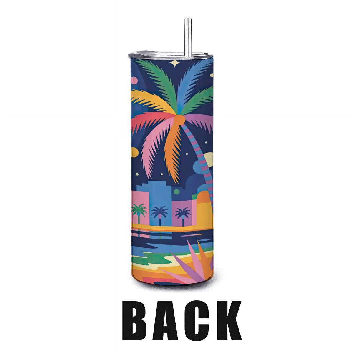 ColorFlow | Tropical Sunset City Tumbler | 20oz Stainless Steel Cup with Straw | Palm Beach Art | Summer Vibes Gift